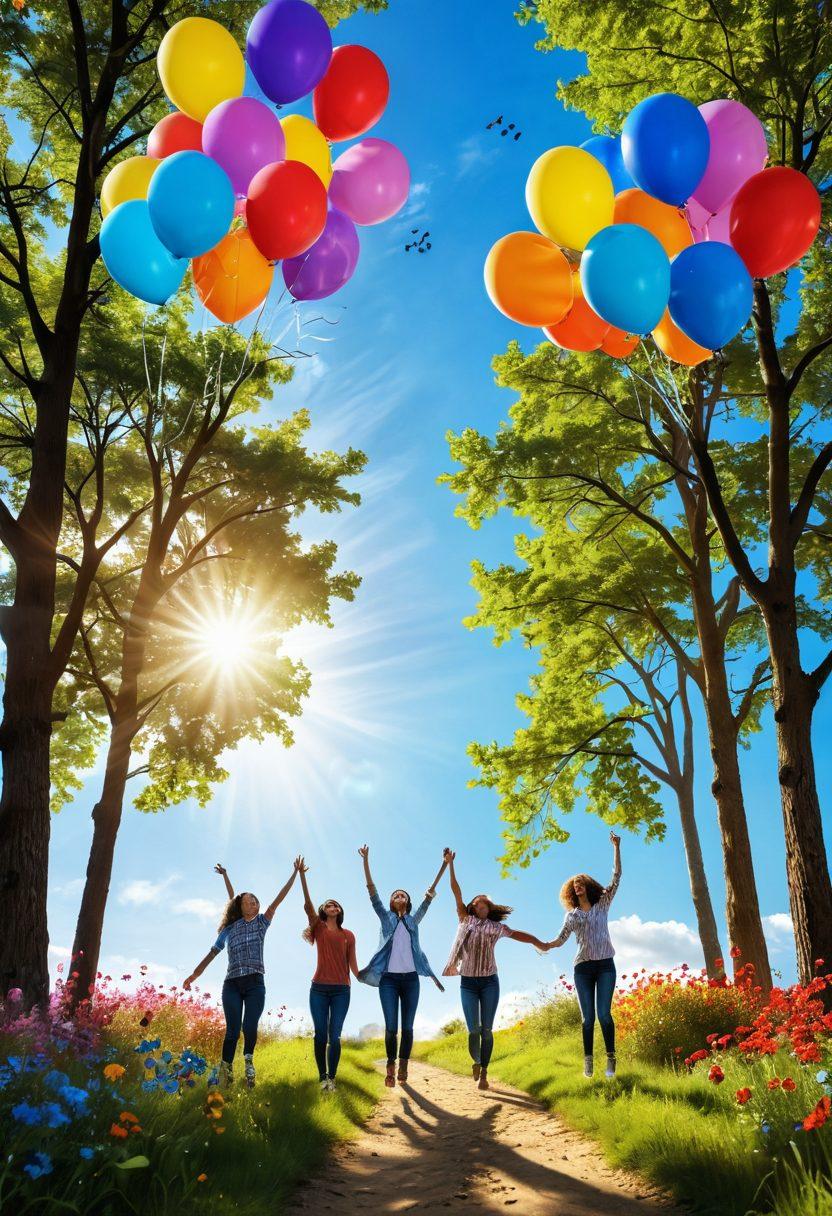 A vibrant scene depicting a diverse group of people engaging in joyful activities, surrounded by nature, with colorful balloons and smiles. Incorporate soft beams of sunlight filtering through trees to symbolize positivity. Add elements of growth, like blooming flowers and butterflies, to represent transformation and happiness. The background should be a bright, clear blue sky to evoke a sense of freedom and optimism. super-realistic. vibrant colors. 3D.